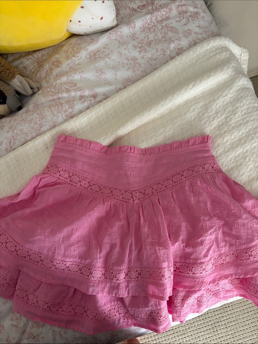Altar'd State Bright Pink Tiered Lace-Trim Skater Skirt